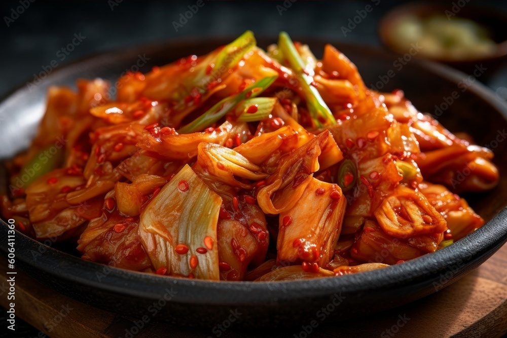 flavorful and spicy kimchi with visible fermented texture flavorful and spicy kimchi with visible fermented texture