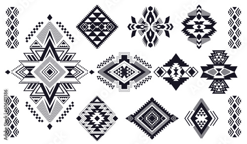 Set of Aztec decorative elements. Tribal design patterns. Ethnic geometric symbols. Boho style.