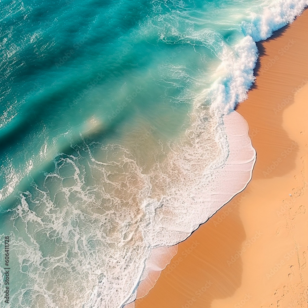 Beautiful sea or ocean shore, sandy beach, coastline, view from the drone. Ai illustration, fantasy digital painting, Generative AI