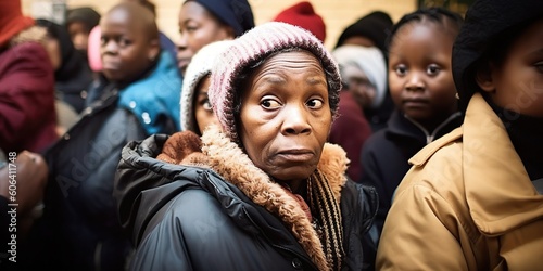 A single mother queues at a local food bank, her worried eyes reflecting the reality of a poverty crisis, concept of Resource scarcity photo