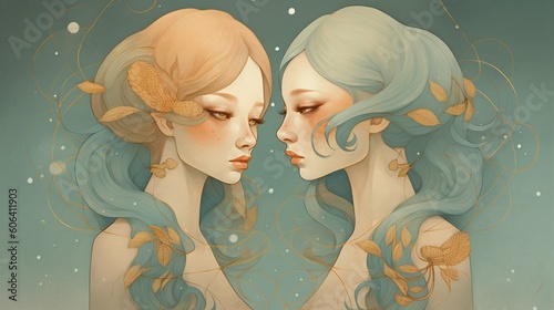 Gemini horoscope sign, twins zodiac art concept, wallpaper background illustration, Generative AI