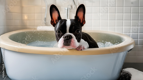 A boston terrier bathing in a sink. Generate Ai
