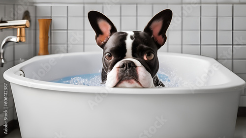 A boston terrier bathing in a sink. Generate Ai