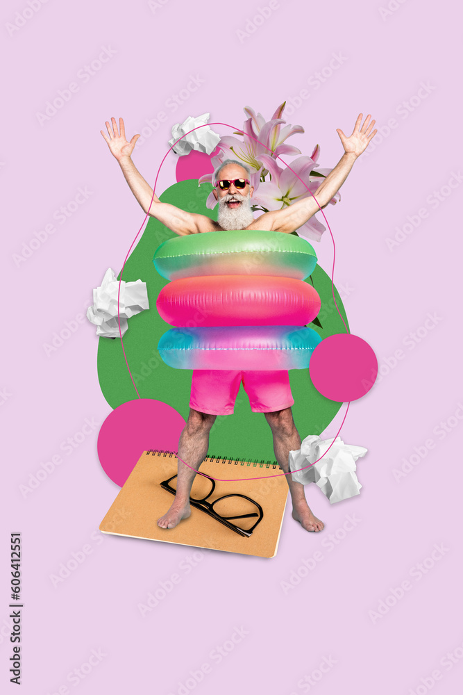 Φωτογραφία Photo collage of old man crazy emotions raised hands up wear triple lifebuoys su