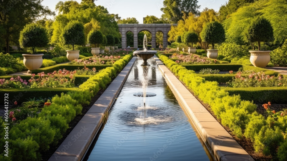 A picturesque government garden with well - manicured lawns, vibrant flower beds, and a central fountain. The garden provides a serene space for relaxation and reflection. generative ai