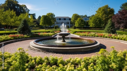 A picturesque government garden with well - manicured lawns, vibrant flower beds, and a central fountain. The garden provides a serene space for relaxation and reflection. generative ai