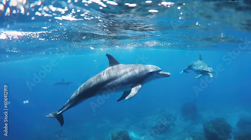 Dolphins swimming underwater in the ocean. Generative AI. © AS Photo Family
