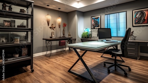 A professional home office design with a sleek glass desk, ergonomic chair, and a wall - mounted display showcasing inspiring quotes and visuals. generative ai