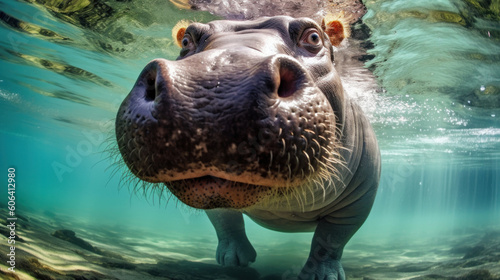 Hippopotamus in the water, close-up portrait. Generative AI.