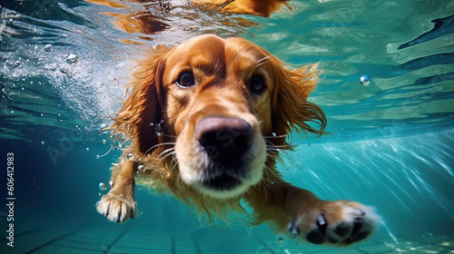 Cocker Spaniel swimming underwater in a pool with water splashes. Generative AI.
