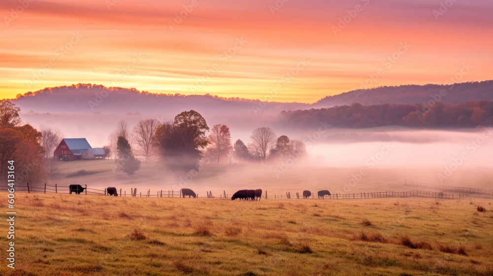 A serene farming landscape at sunrise, with gently rolling hills, grazing livestock, and a colorful sky painted with hues of orange and pink. generative ai