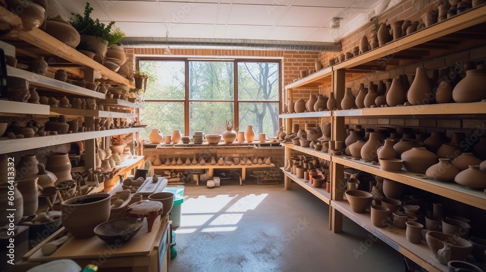 A serene pottery studio with potter's wheels, shelves of clay pots, and a kiln for firing ceramics. The studio is a space for artists to shape their creations with their hands. generative ai A serene pottery studio with potter's wheels, shelves of clay pots, and a kiln for firing ceramics. The studio is a space for artists to shape their creations with their hands. generative ai