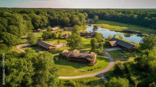 A serene meditation retreat center nestled in a peaceful natural setting, featuring meditation halls, tranquil gardens, and cozy accommodations for spiritual retreats. generative ai photo