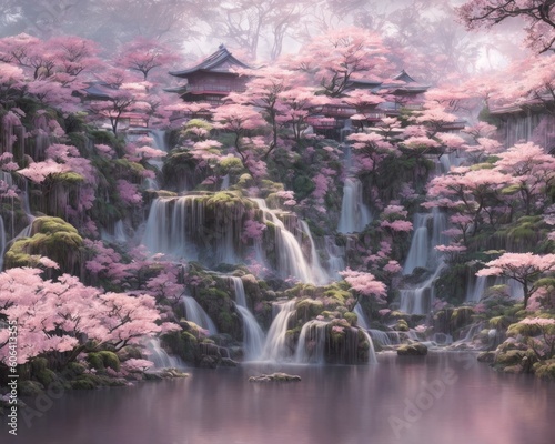 Japanese garden with waterfall creates with generative ai  ki