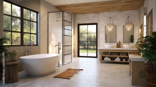 A sleek and elegant farmhouse bathroom with a freestanding bathtub  a rainfall shower  and natural stone accents. The bathroom offers a luxurious retreat for relaxation and self - care. generative ai