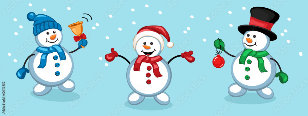 Collection of New Year snowmen, Christmas decorative elements, flat vector illustration.