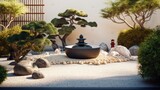 A tranquil Zen garden with meticulously raked gravel, lush bonsai trees, and a peaceful stone meditation bench. generative ai
