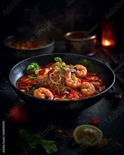 Spice up your day with this bowl of spicy ramen with shrimp and bean sprouts! 🍜🍤 Ingredients: Ramen noodles, shrimp, bean sprouts, chili paste, soy sauce, chicken broth