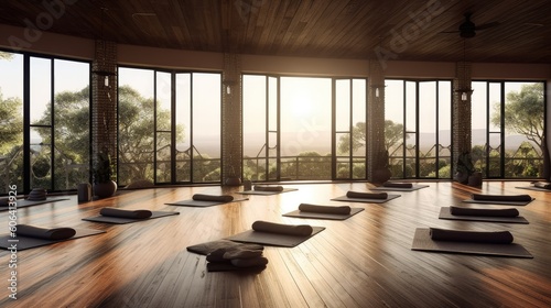 A peaceful yoga studio with soft lighting, bamboo flooring, and a panoramic view of a tranquil forest. generative ai