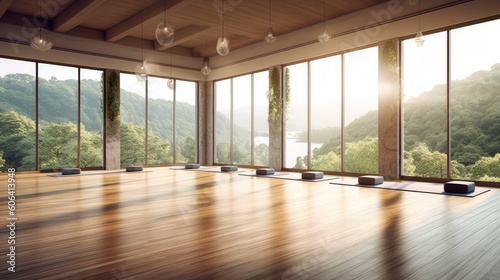 A peaceful yoga studio with soft lighting  bamboo flooring  and a panoramic view of a tranquil forest. generative ai