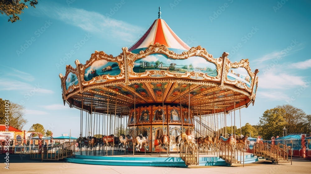 A vibrant carousel spinning under a clear blue sky. generative ai