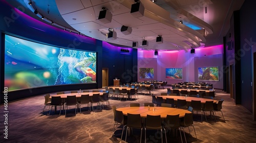 A vibrant government event space with colorful decor, stage lighting, and a large screen for presentations. The space is versatile and ideal for conferences and seminars. generative ai