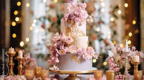 A whimsical, fairytale - inspired wedding cake adorned with cascading sugar flowers, intricate lace patterns, and a sparkling gold cake topper. generative ai