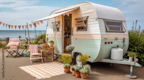 A whimsical, retro - style caravan camper parked by the seaside, with a striped awning, potted plants, and a cozy outdoor seating area. generative ai