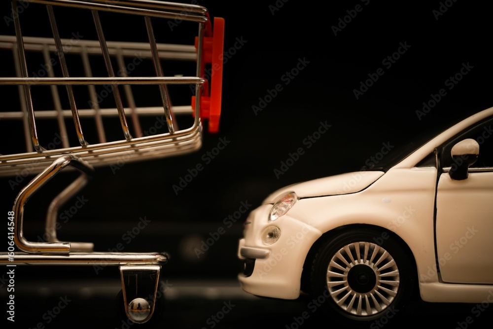 Fototapeta premium Miniature shopping cart and a car