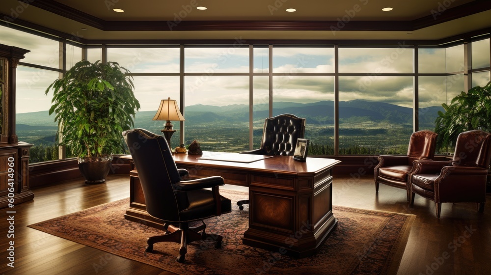 An elegant executive office with a mahogany desk, leather armchairs, and floor - to - ceiling windows showcasing a panoramic mountain vista. generative ai