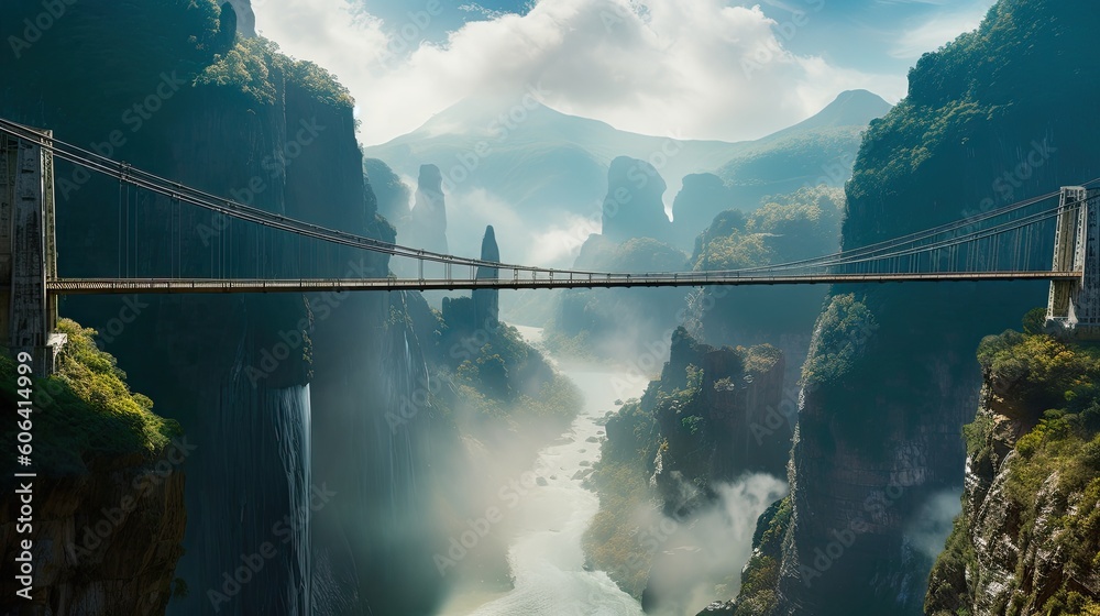 Fototapeta premium An engineering marvel featuring a breathtaking suspension bridge stretching across a deep canyon, with misty waterfalls cascading in the background. generative ai
