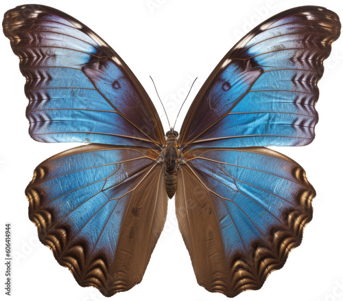 Melenaus blue morpho butterfly insect isolated on a transparent or white background as PNG, generative AI animal photo