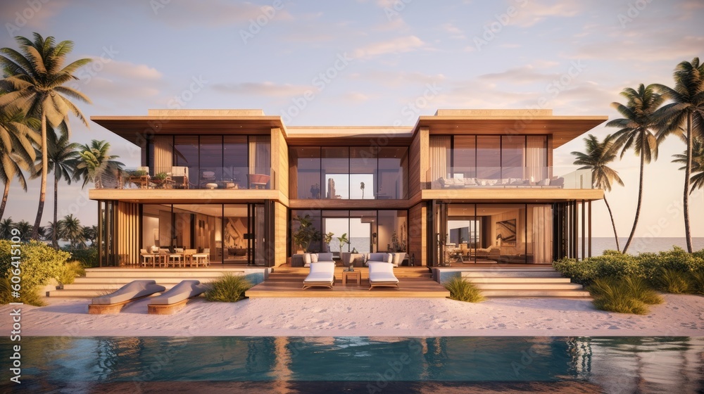 An exterior design of a contemporary beachfront villa with expansive glass walls, a private infinity pool, and a sandy pathway leading to the ocean. generative ai