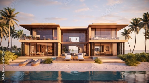 An exterior design of a contemporary beachfront villa with expansive glass walls  a private infinity pool  and a sandy pathway leading to the ocean. generative ai