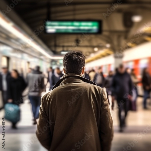 Man from behind standing at busy metro with people around in motion blur. Generated by AI.