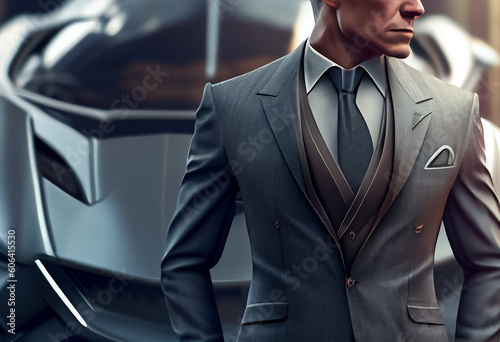 illustration of business man in elegant suit stand next to lux sport car. AI