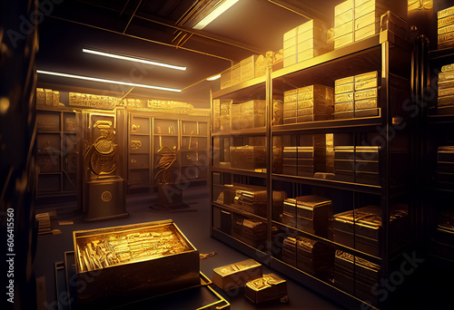 illustration of gold storage in a bank vault financial concept. AI