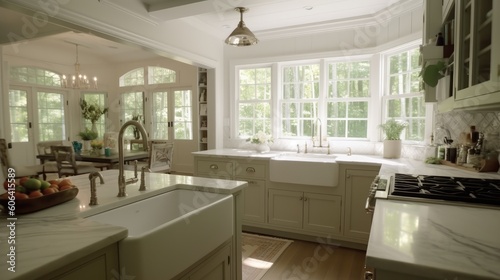 A farmhouse - inspired kitchen with a farmhouse sink, open shelves displaying vintage dishware, and a cozy breakfast nook bathed in natural light. The kitchen exudes charm and warmth. generative ai