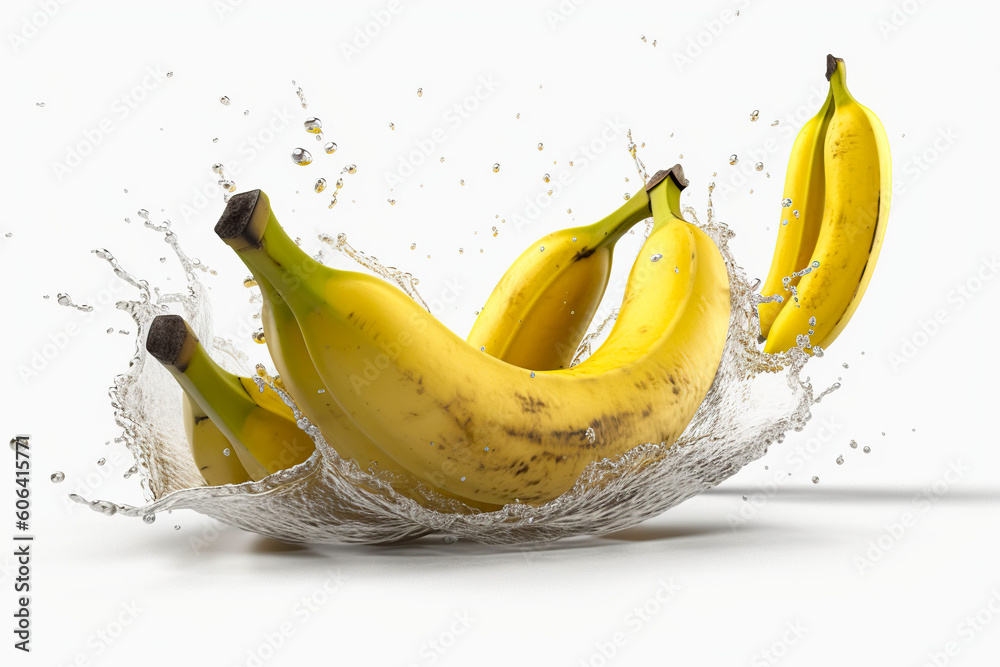 Levitation ripe  bananas with drops of juice water splash, isolated on white background, organic healthy fruit, flying food. AI generative