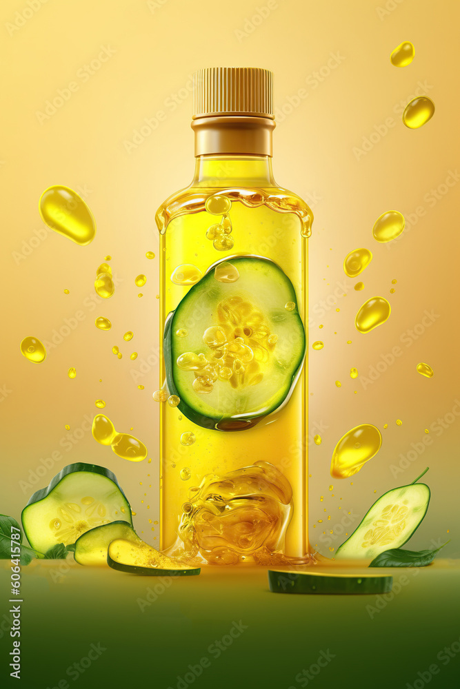 Natural cucumber essential oil in a glass bottle splash on yellow background, Organic fresh extracts medicinal skincare , AI Generative Natural cucumber essential oil in a glass bottle splash on yellow background, Organic fresh extracts medicinal skincare , AI Generative
