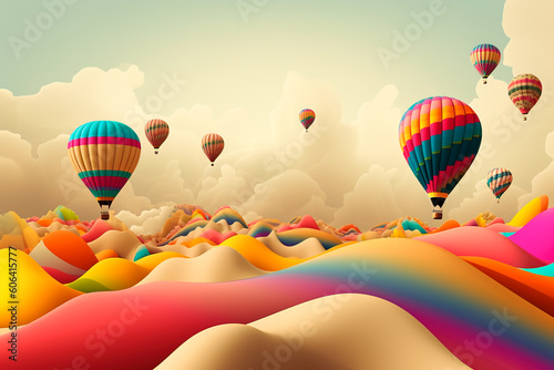 Rainbow-colored balloons over multicolored clouds. Concept of happiness, positivity. Generative AI