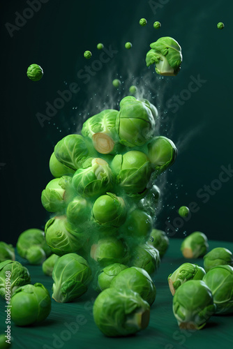 Levitation brussels sprouts with drops of water splash, isolated on green background, organic healthy, flying food, AI generative