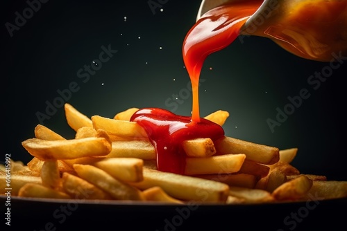 ketchup being poured onto a plate of crispy golden french fries