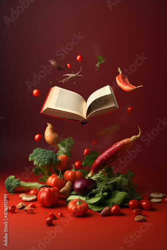 Levitation of open recipe book with fresh vegetables and fruits on red background, Cooking book ingredients, vegetarian diet flying food, AI Generative.
