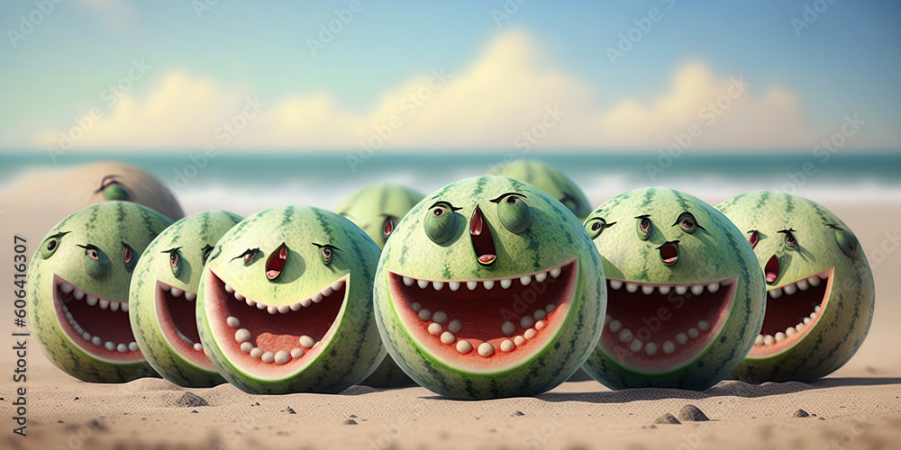 Cartoon smiling, crazy watermelons on the beach, summer vacation, sunlight, fruit selection characters AI Generative