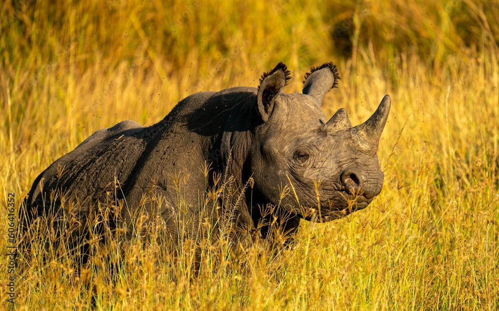 Φωτογραφία Closeup shot of a western black rhinoceros in the golden field in the daylight