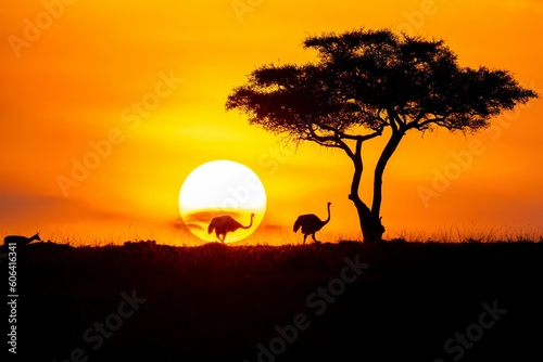 Breathtaking scenery of silhouettes of ostriches next to a tree against a dramatic golden sunset