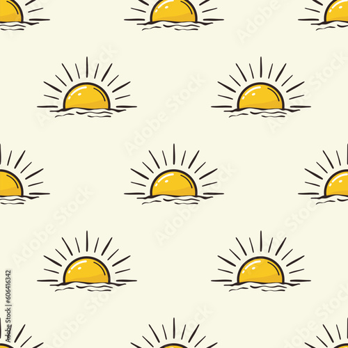 Summer sunrise icon seamless pattern. Hand drawn logo half sun rising over sea or ocean. CMYK color mode ready to print.