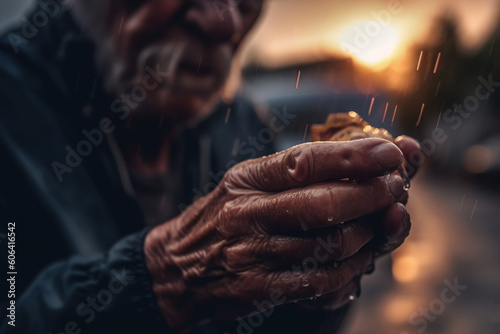 Closeup old man wet hands, aging process, senior Man outdoor, rain weather,, AI Generative. .