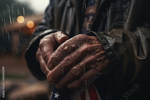 Closeup of veteran old man hand with American national flag, rain weather,  heroe, Memorial Day, Independence day, AI Generative. © Viktoriia